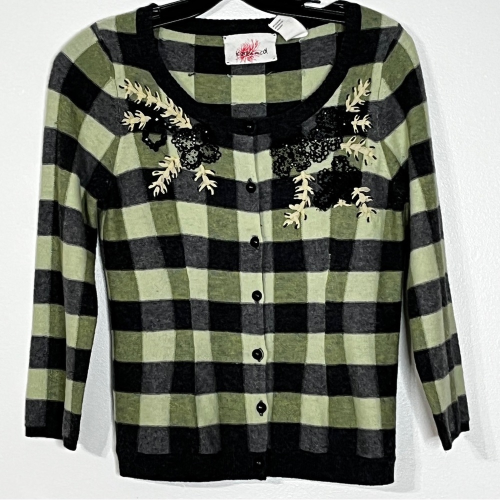 Karen Nicol Anthropologie Flowering Plaid Beading Cardigan